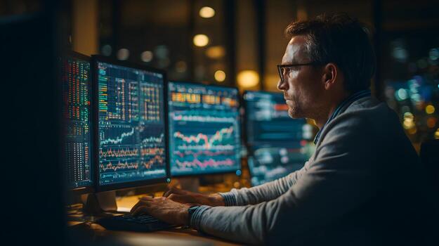Financial trader monitoring stock market data on multiple screens photo