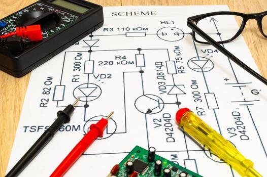 Multimeter probes examining a computer circuit board and circuit. photo