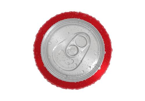 Top view. Red Aluminum soda can with water drops isolated on white background photo