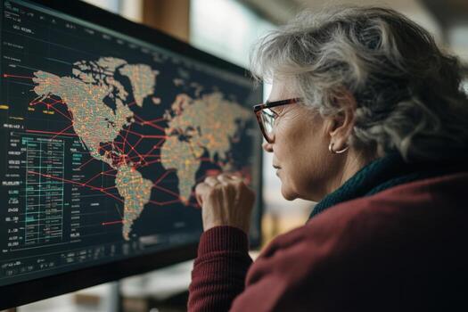 Person examines a detailed world map with connections while focusing on global data insights indoors in a cozy setting photo