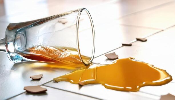 Broken glass with juice spilled across a tiled floor and scattered shards reflecting light photo