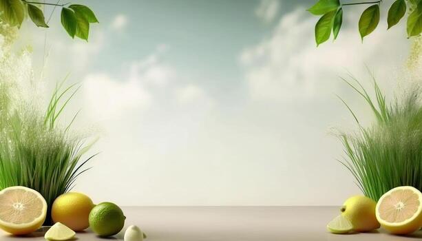 Vibrant and refreshing display of tall grass, green fruits, and lemon slices set against a serene sky photo