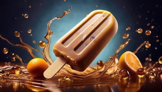 Vibrant advertisement showcasing a brown resin pattern with marbled texture, emphasizing a refreshing treat in a dynamic splash photo