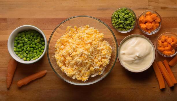 Key ingredients for a delicious chicken biscuit bake displayed in a flat lay arrangement photo