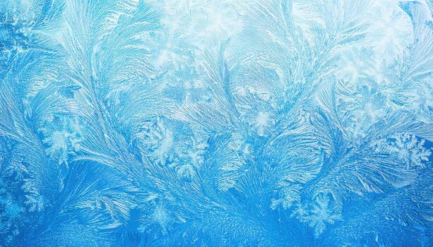 Captivating frozen pattern on a winter window creating a serene blue ice texture photo