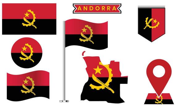 Angola Flag Icon Set, Map, Badge, Pin Waving Flag Icon Set, Map, Badge, Pin Waving Flag Collection vector