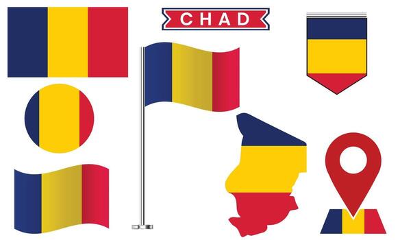 Chad Flag Icon Set, Map, Badge, Pin Waving Flag Collection vector
