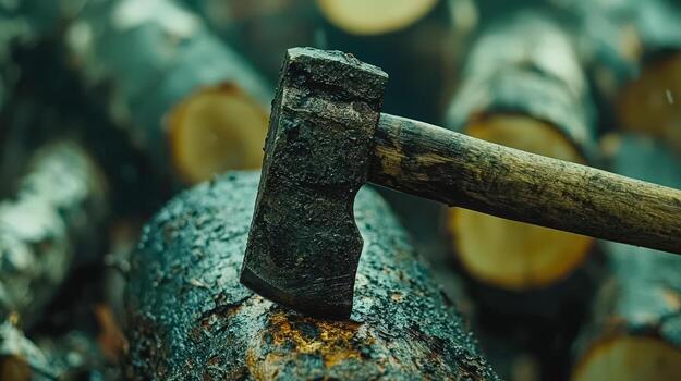 Close-up of an axe embedded in a large piece of wood in a forest setting photo