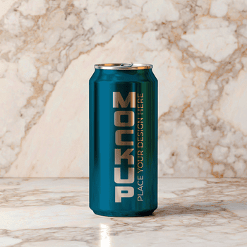 alzavola può con oro testo su marmo superficie per Prodotto presentazione e il branding Schermo idea concetto psd