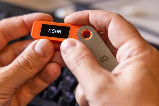 hardware Bitcoin wallet in a hands with CSAM message on screen photo