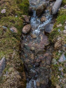 Serene mountain stream flowing over rocks in nature, high angle view photo