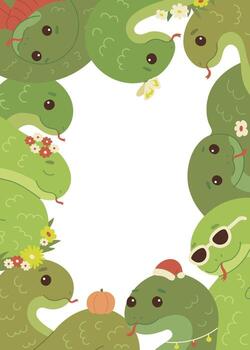 Cute green snake animal character set in frame. Wild reptile with tongue, serpent. Cartoon hand drawn style. illustration with copy space background vector