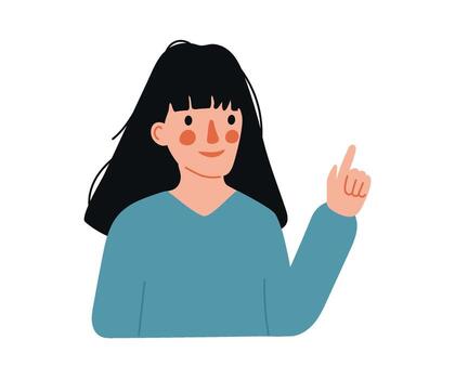 Girl points, directs and shows with finger. Gesture to look up. Indicate with hand. Character indicates attention. flat illustration vector