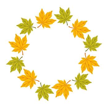 Simple yellow and green maple leaf circle frame. Trendy flat style isolated on transparent background. round frame of autumn leaves. ring of autumn leaves. Ideal for poster, postcard. vector
