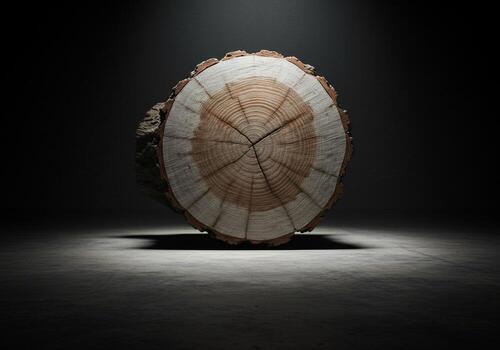 Illuminated Tree Slice on Dark Background A Study in Contrast and Texture photo