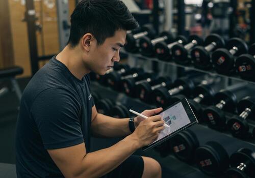 Man Using Tablet with Stylus in Gym with Dumbbells photo