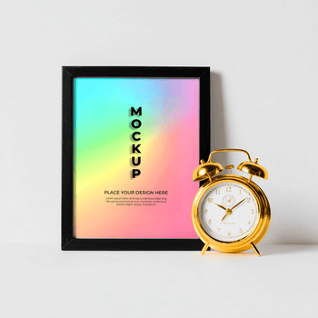 un' nero telaio con un' vivace pendenza e modello testo, posizionato accanto un' Vintage ▾ d'oro allarme orologio su un' pulito bianca sfondo psd