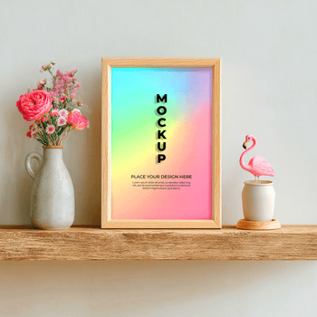 un' di legno telaio con un' colorato pendenza sfondo e il parola modello è visualizzato su un' mensola con un' vaso di fiori e fenicottero figurina psd