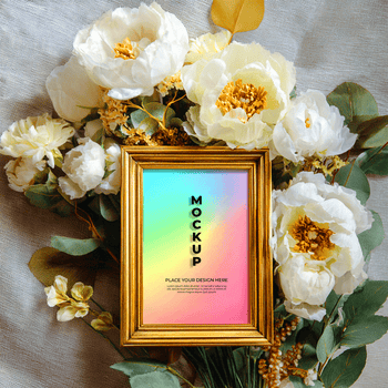 un' d'oro telaio con un' colorato pendenza sfondo e il parola modello nel nero testo, circondato di bianca e giallo fiori e verde, su un' strutturato grigio superficie psd