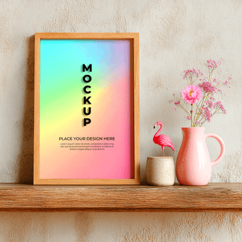 un' di legno telaio, con un' colorato pendenza sfondo e il parola modello è visualizzato su un' mensola con un' vaso di fiori e un' fenicottero figurina psd