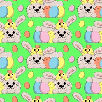 Seamless pattern with Cute Easter Rabbit and Chicken with egg vector