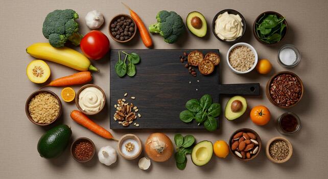 Healthy Food Ingredients Laid Out Around Cutting Board photo