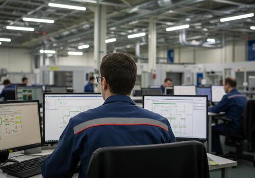 Engineer Analyzing Schematics on a Computer photo