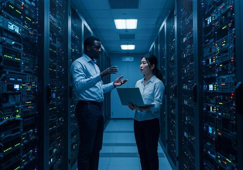 Two IT Engineers Working in Data Center Server Room photo