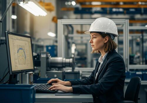 Engineer Working on Computer in Factory Setting photo