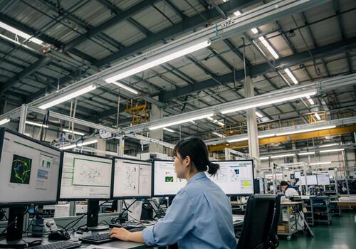 Engineer Analyzing Data on Multiple Computer Screens photo