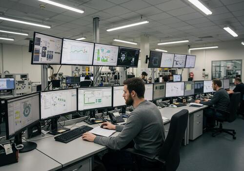 Engineers Working at Desks with Multiple Computer Screens photo