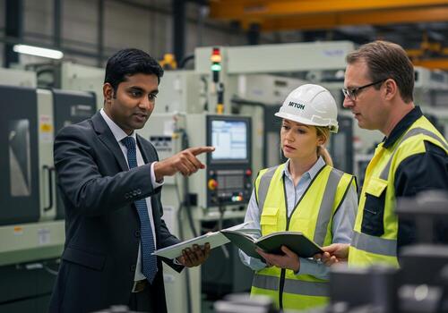 Engineers Discussing Data by a CNC Machine photo