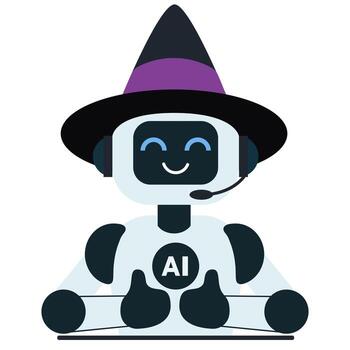 AI robot wearing a witch hat smiling and showing thumbs up gesture vector