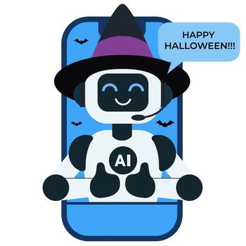 simpático ai robot en un bruja sombrero aparece en un teléfono inteligente pantalla y da un alegre pulgares arriba vector