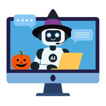 simpático ai robot en un bruja sombrero sentado dentro un computadora monitor con un Víspera de Todos los Santos calabaza junto a eso vector