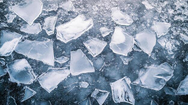 Numerous angular ice fragments create a captivating mosaic on a frozen lake in winter photo