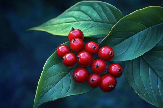Glossy leaves support clusters of bright red berries, creating a captivating natural display and artistic pattern photo