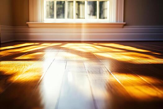 Sunlight streams through a window onto a polished wood floor creating warm rays photo