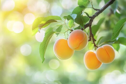 Ripe apricots hang beautifully from a branch, illuminated by sunlight and bokeh circles creating a blurred effect photo