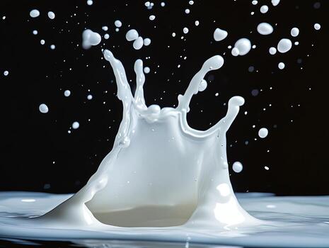 Milk crown explosion showing splashing liquid with droplets against a dark backdrop creating dynamic motion photo