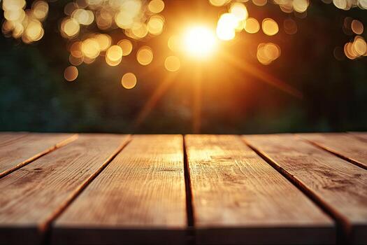 Sunbeam bathes an empty wooden surface with bokeh light orbs floating in the background photo