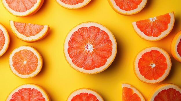 Grapefruit slices and segments are artistically arranged on bright yellow background, creating vibrant pattern photo