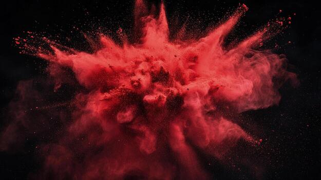 Vibrant red powder particles explode against a stark black background, creating an abstract burst photo