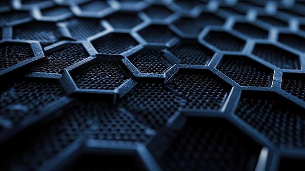 Deep blue honeycomb mesh displays a technologically advanced pattern with complex structural design photo