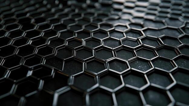 Shiny metallic hexagons form a patterned mesh across a dark granular surface, creating depth photo