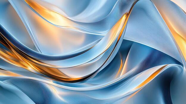 Golden light reflects off of curved blue textured abstract elements, creating a mesmerizing pattern photo
