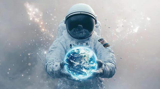 Astronaut in spacesuit attentively cradles the glowing Earth with both hands gently against a soft backdrop photo