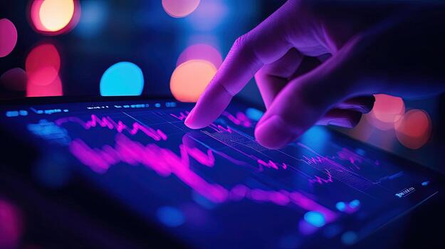 Finger taps glowing data on digital tablet with bokeh lights in the background photo