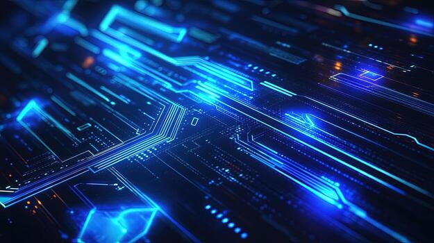Blue motherboard design shows complex circuits with connecting lines and glowing elements on dark background photo