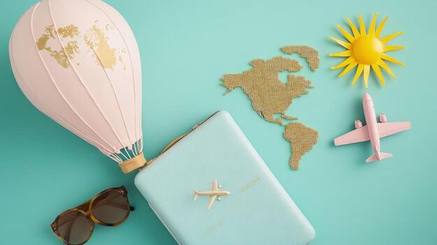 Stylish blue suitcase is displayed with a pink airplane and golden map flat lay photo